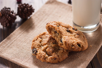 Daily homemade Cookies and milk on wood board