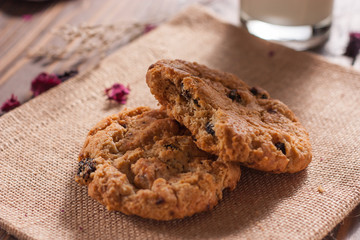 Daily homemade Cookies and milk on wood board