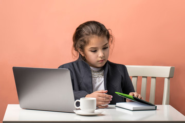 Naklejka premium using laptop to studying . business girl . work - study fatigue