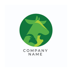 Logo with cow, pig and ram for agricultural company, farmers market or fair. Vector Illustration of livestock. Green farm icon with domestic animals. Symbol for farming. Round sign for meat products.