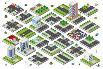 Isometric set 3d module block district part of the city with a street road from the urban infrastructure of vector architecture. Modern white illustration for game design and business background