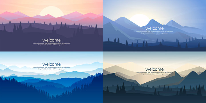 A set of mountain vector landscapes in a flat style. Natural wallpapers are a minimalist, polygonal concept. Sunrise, misty terrain with slopes, mountains near the forest
