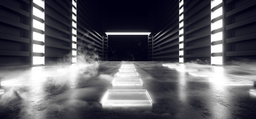 Virtual Sci Fi Smoke Futuristic Neon Laser Spaceship Future Dark Corridor Glowing White Concrete Grunge Hallway Reality Fluorescent Space Underground 3D Rendering