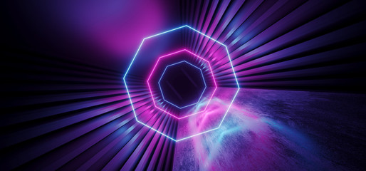 Neon Glowing Vibrant Sci Fi Futuristic Corridor Tunnel Purple Blue Pink Virtual Reality Dark Huge Hallway Entrance Concrete Grunge Reflection Spaceship 3D Rendering