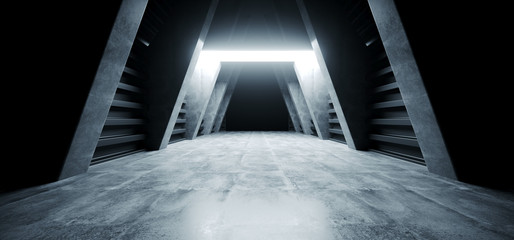 Future Corridor Tunnel Spaceship Dark Futuristic Sci Fi Reflection Grunge Concrete Triangle Shape Entrance Alien Led Glow White Blue Hallway Huge 3D Rendering