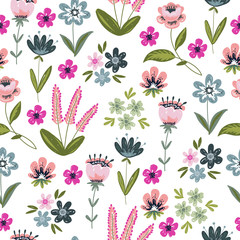 Seamless pattern with hand drawing doodle flowers and leaves on a white background. Vector