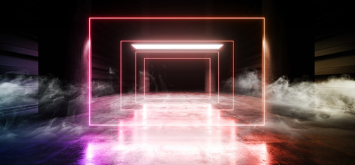 Stage Futuristic Sci Fi Smoke Neon Laser Spaceship Future Dark Corridor Glowing Blue Purple Red Concrete Grunge Hallway Vibrant Fluorescent Space Underground Garage 3D Rendering