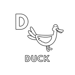 Vector Cute Cartoon Animals Alphabet. Duck Coloring Pages