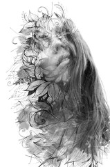 Double exposure. Paintography. Close up portrait of an attractive woman with strong ethnic features combined with unusual hand made drawings with floral and plant motifs, black and white