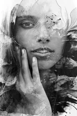 Fototapete Frauen Paintographie. Doppelbelichtungsporträt einer jungen schönen Frau kombiniert mit handgezeichneter Tuschemalerei, die mit einzigartiger Technik erstellt wurde. Schwarz und weiß