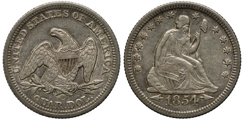 US United States silver coin 1/4 quarter dollar 1854, eagle with shield on chest holding olive branch and bundle of arrows in talons, seated Liberty supporting oval shield surrounded by thirteen stars