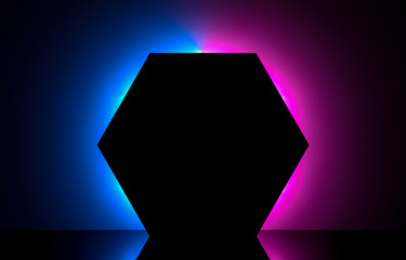 3d rendering. black empty hexagon shape space frame with blue pink neon light in retro fashion show stage style background.