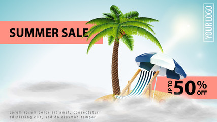 Summer sale, light discount web banner for your website with palm tree, beach chair and beach umbrella