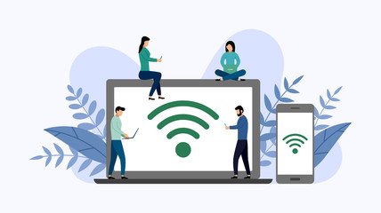 Public free wifi hotspot zone wireless connection, business concept vector illustration. - obrazy, fototapety, plakaty