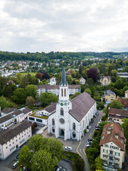 Aerial view of the Catholic church St. Maria in Schaffhasuen, Switzerland