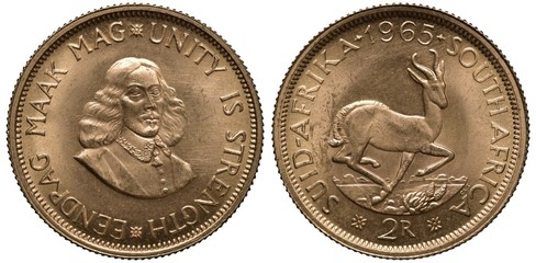 South Africa African golden coin 2 two rand 1965, bust of Jan van Riebeeck 1/4 right, antelope...