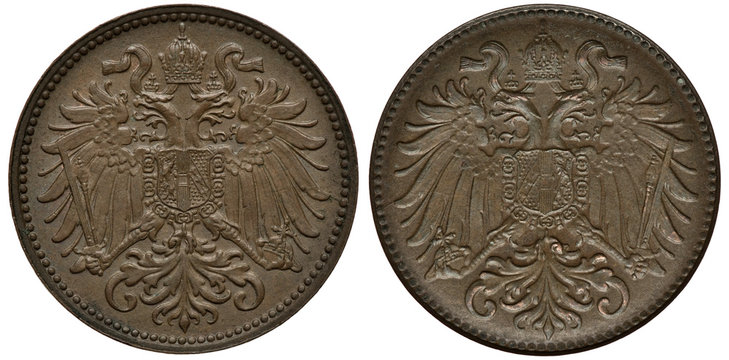 Austro-Hungarian Empire coin 2 two heller circa 1900, mint error &ndash; mirror imprint from previous coin stuck in die, two headed eagle holding sword, scepter and orb,