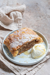Sweet apple strudel with vanilla ice cream