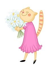 Cartoon lady cat holding white daisies. Isolated on a white background.