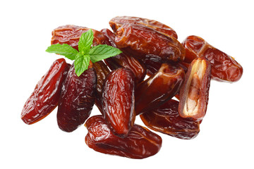 date fruits with green leaves isolated on white background.