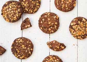 Chocolate cookies on white table