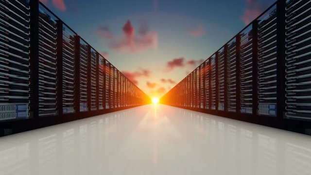 Servers against timelapse clouds at sunset, zoom in, cloud sharing concept