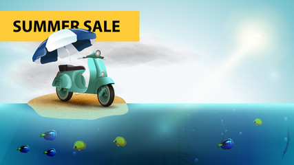 Summer sale, horizontal sea web banner with scooter with a beach umbrella © DDevicee