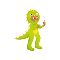 Cute smiling boy in green dinosaur costume at party