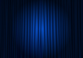 Spotlight on stage curtain. Closed blue curtain background. Theatrical drapes. - obrazy, fototapety, plakaty