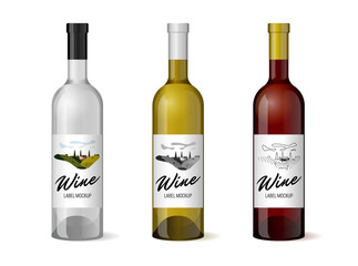 Wine realistic 3d bottle with hand-drawn label retro vintage design template set. Vineyard wine grapes hills farm emblem. Monochrome romantic rural landscape, white on black. Vector