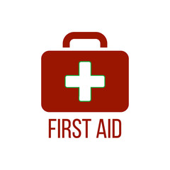 Obraz premium Red First aid kit icon. Medical box with cross. Medical equipment for emergency. Healthcare concept. Vector illustration isolated on white background