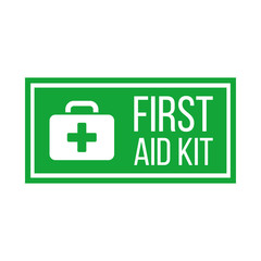 Green First aid kit label or sign. Medical box with cross. Medical equipment for emergency. Healthcare concept. Vector illustration isolated on white background