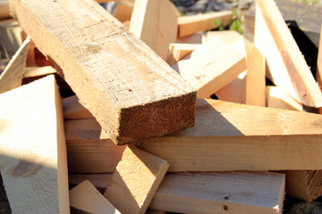 Building materials from wood. Waste lumber closeup