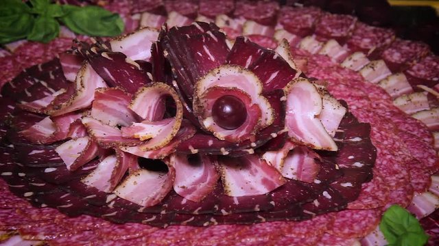 salami slices, sausages, hamon. festive chopped sausage