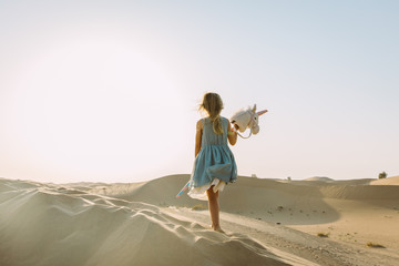 Fototapeta na wymiar Little girl walking in the desert holding her horse toy