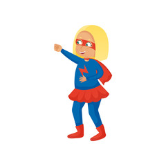 Smiling blonde girl in red blue super hero costume
