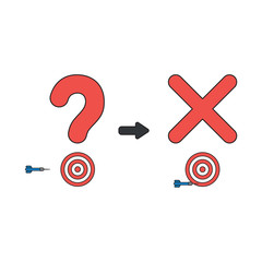 Vector icon concept of question mark and x mark with bulls eye and dart miss the target.