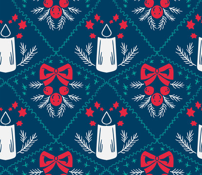 Christmas Candle Vector Damask Pattern Seamless Blue