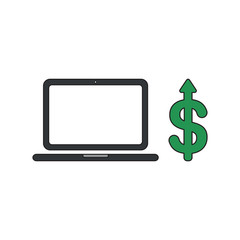 Vector icon concept of laptop computer with dollar arrow moving up.