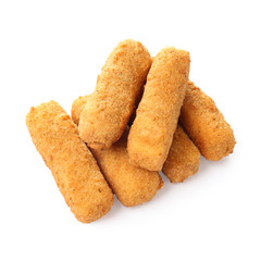 Tasty crispy cheese sticks on white background