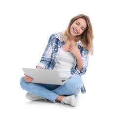 Woman using laptop for video chat isolated on white