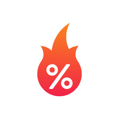 Hot Sale flame and percent sign label, sticker. special offer, big sale, discount percent off. Vector illustration isolated on white background