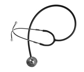 Stethoscope on white background, top view. Medical device