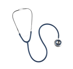 Stethoscope on white background, top view. Medical device