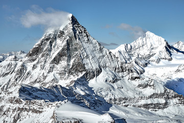 great view of Matterhorn East face from boarder between Italy and Switzerland 