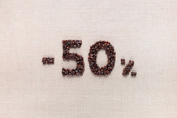 50% discount from coffee beans aligned in center