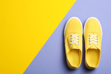 Bright stylish shoes on color background, top view. Space for text