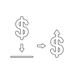 Vector icon concept of dollar inside moneybox hole and arrow moving up.