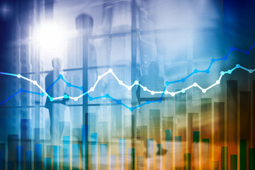 Double exposure financial graphs and diagrams. Mixed media.