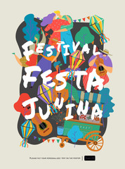 Festa Junina, Vector illustrations for poster, abstract banner, background or card for the brazilian holiday, festival, party and event, drawings of dancing cheerful people, musicians and shops